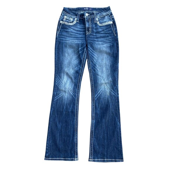 Miss Me Curvy Boot Denim Jeans Sz 27 Rhinestone Western Statement Mid-Rise - Picture 7 of 16